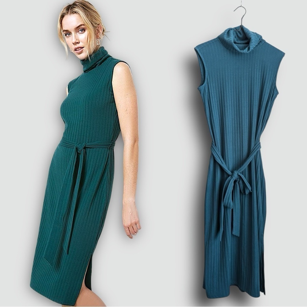 RW&Co Belted Mock-Neck Sleeveless Sweater Shift Dress
